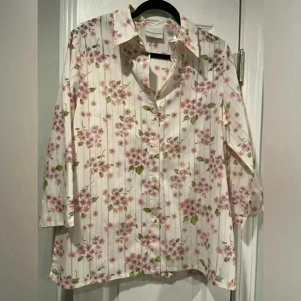 Alfred Dunner Floral Striped 3/4 Sleeve Collared Button Down Semi Sheer Size 14